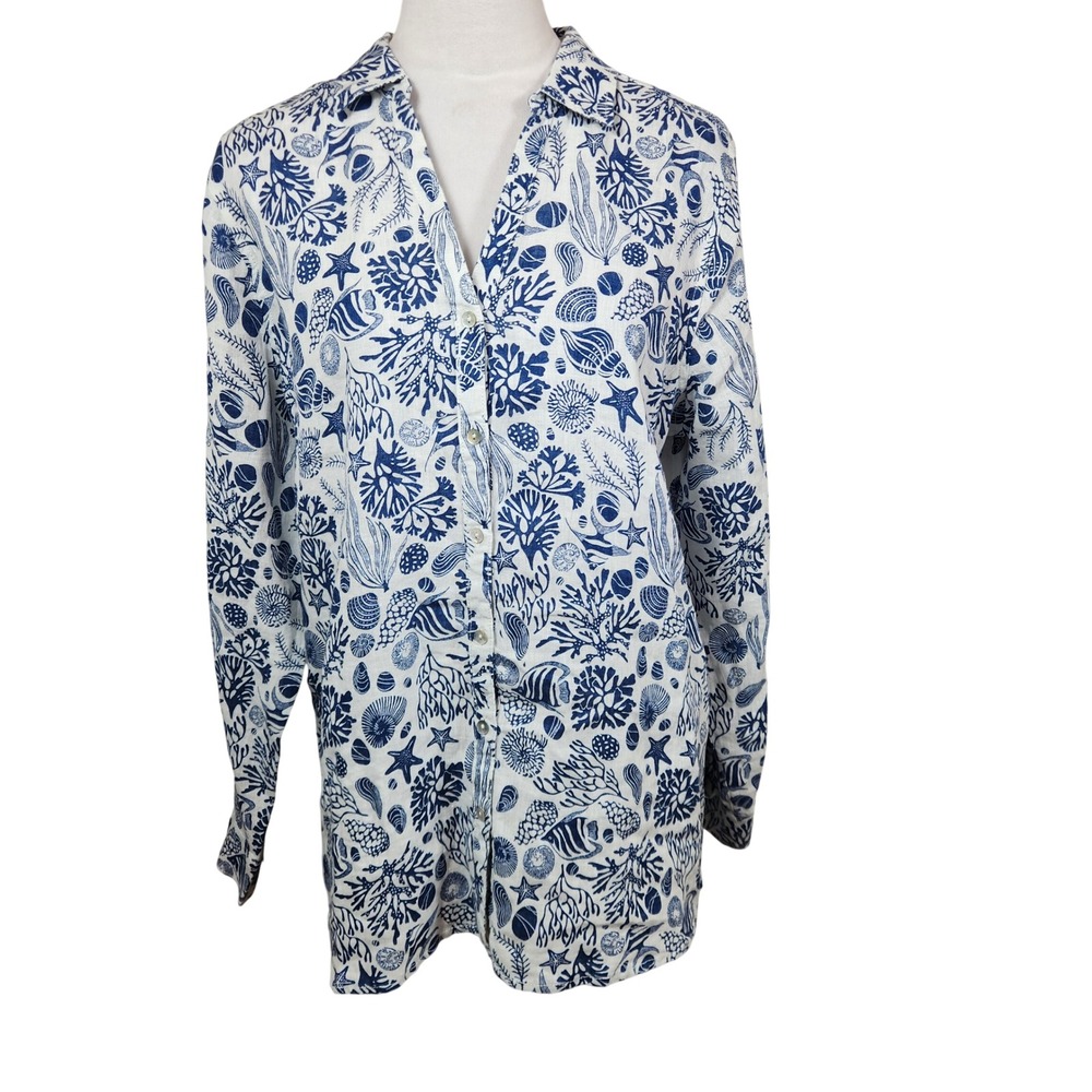 Sigrid Olsen Womens Top Blue White Coral Sea Life Print 100% Linen Button Down L - Picture 9 of 9